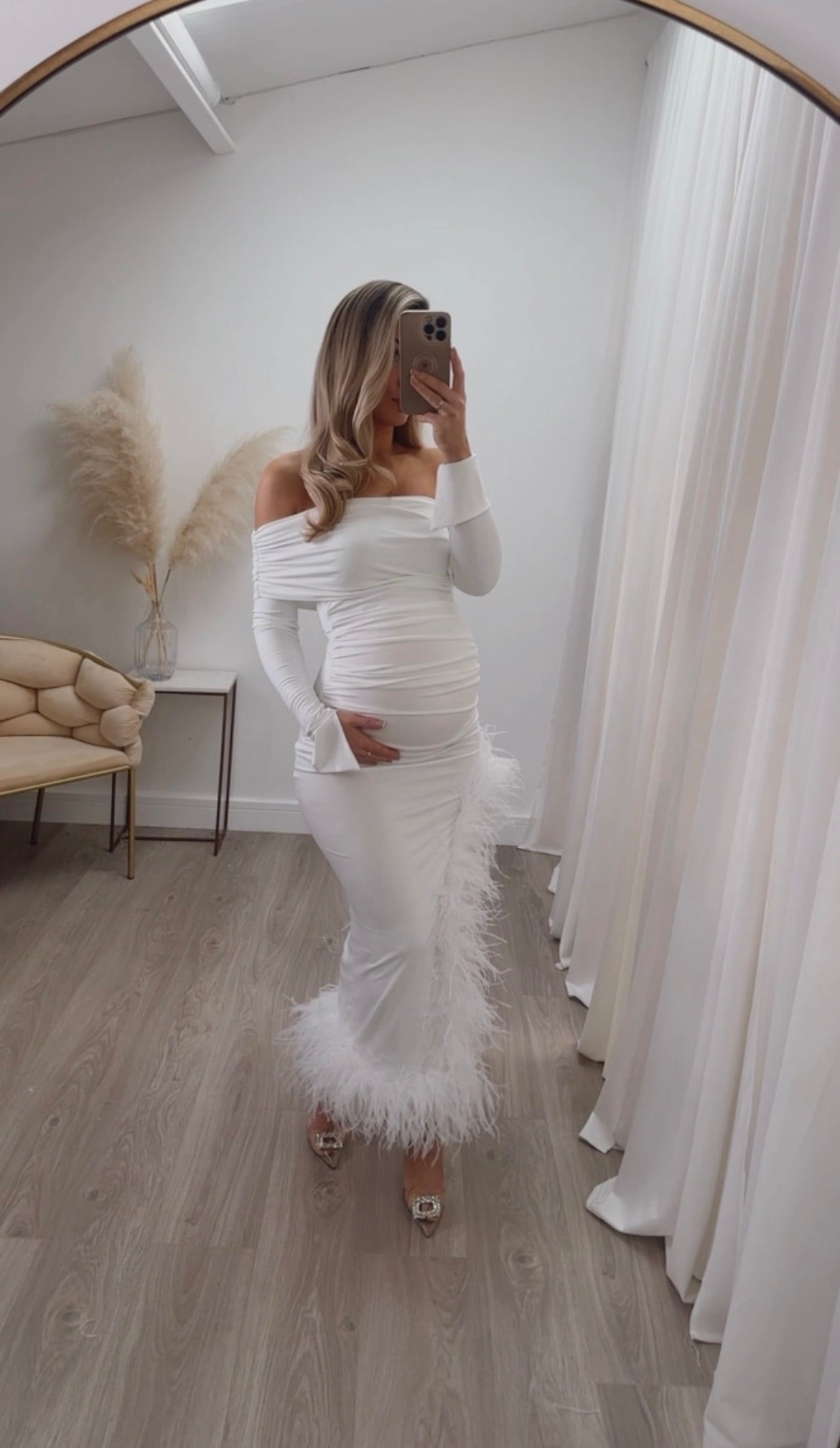 April Two Sleeve Maternity Ostrich Feather Dress White