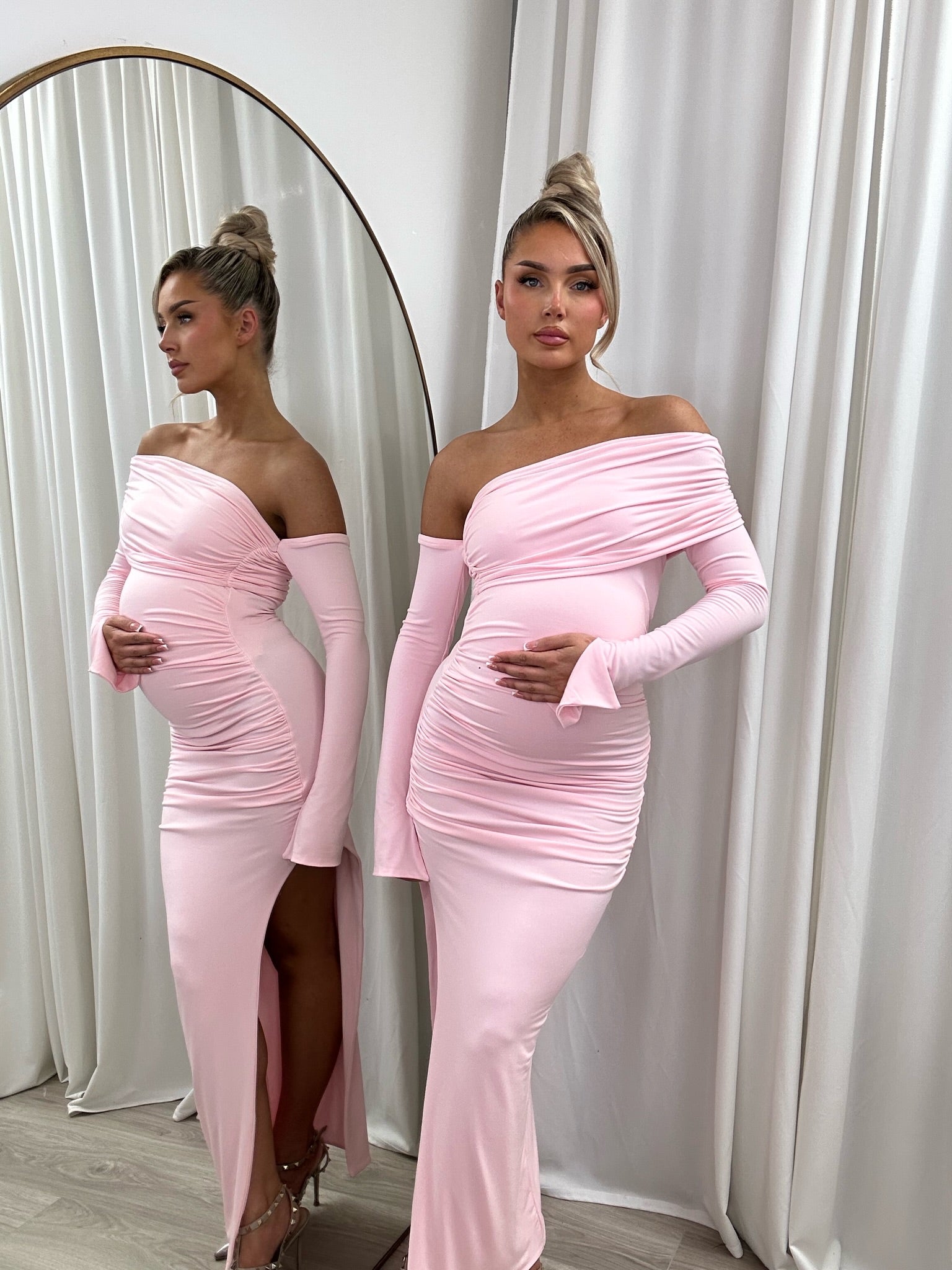 Long fitted pink dress best sale