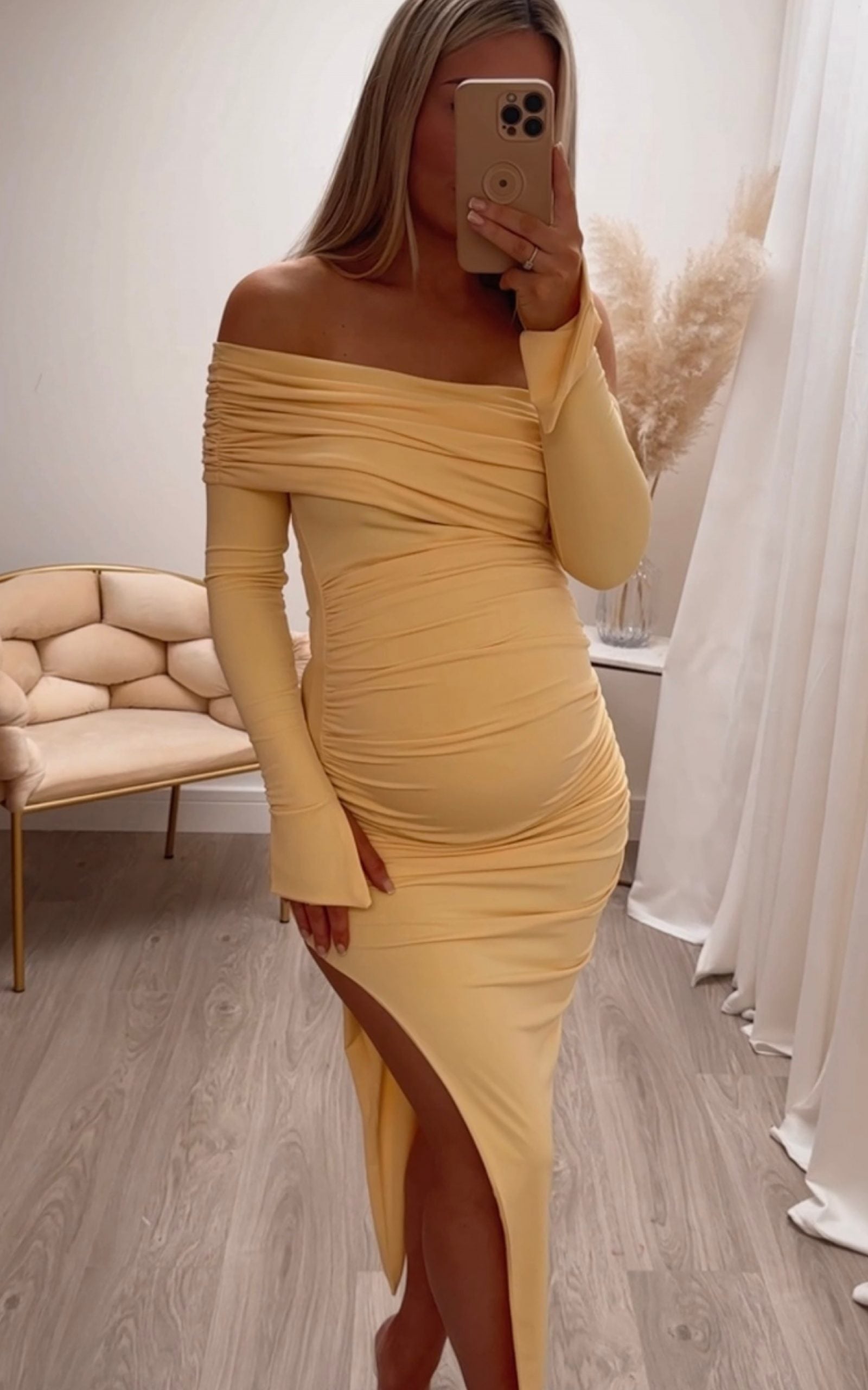 Off the shoulder outlet yellow maternity dress