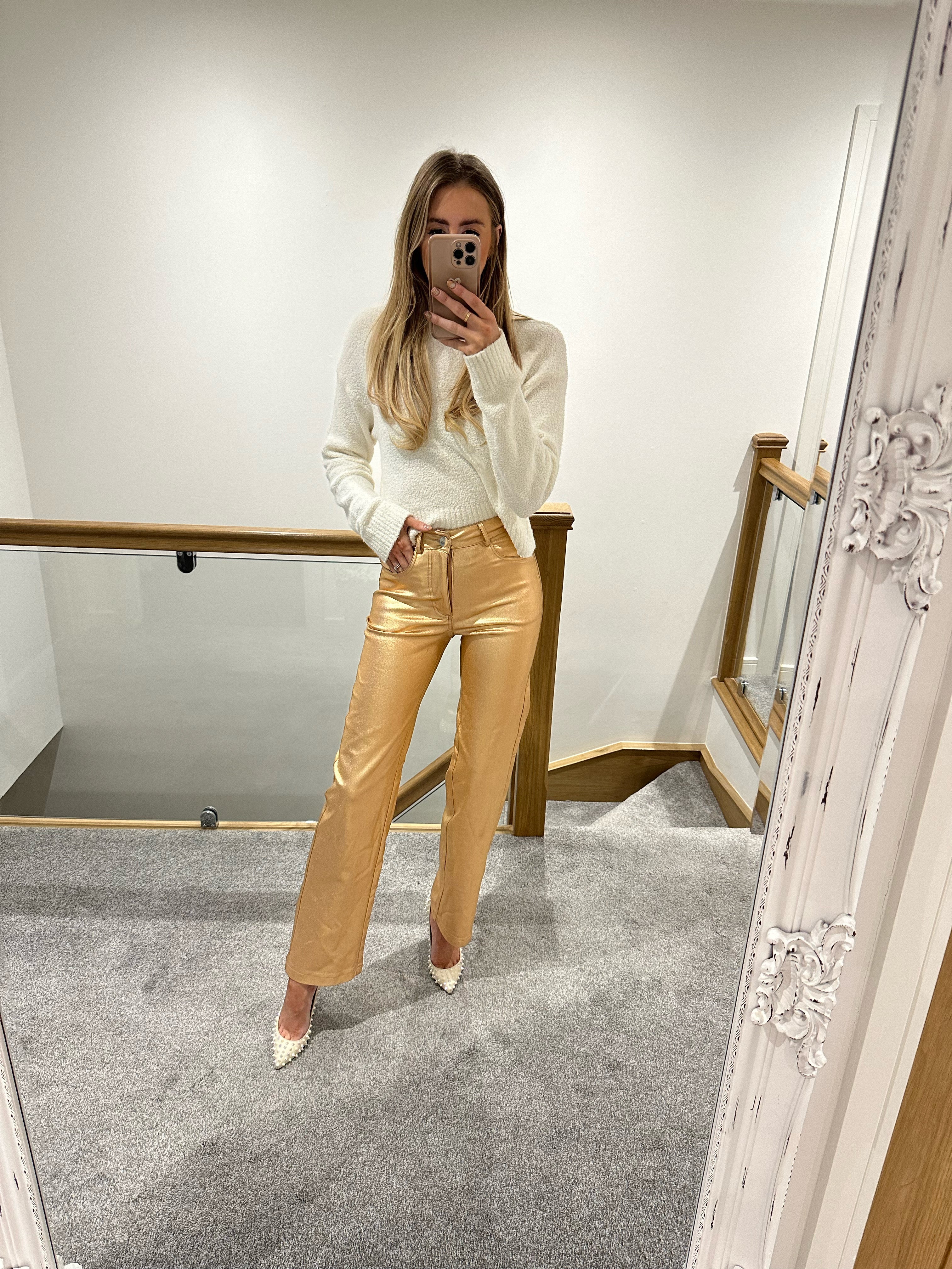 Gold leather hot sale trousers