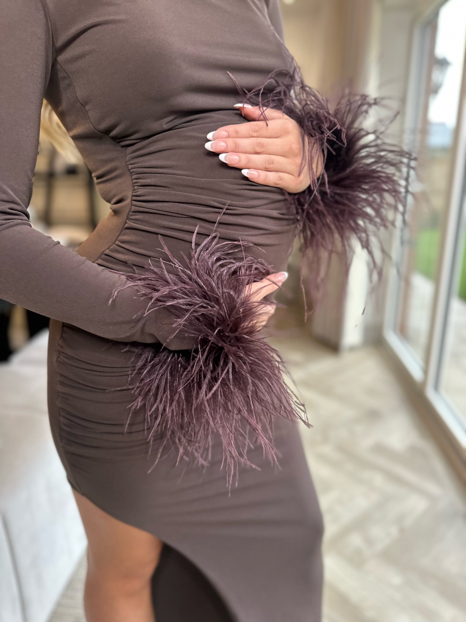 Kourtney Midi Ostrich Feather Maternity Dress Chocolate