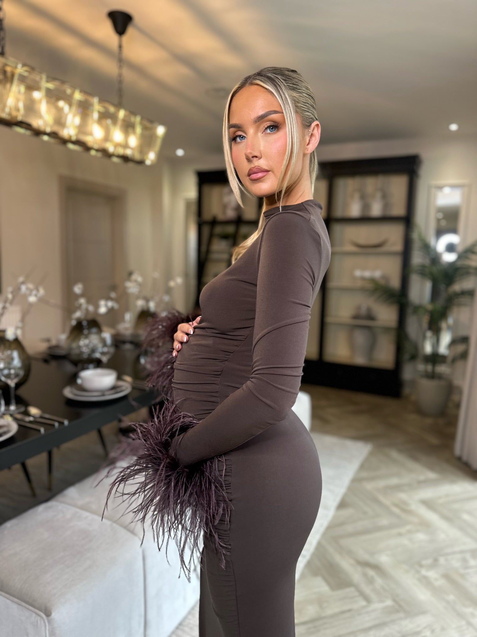 Kourtney Midi Ostrich Feather Maternity Dress Chocolate