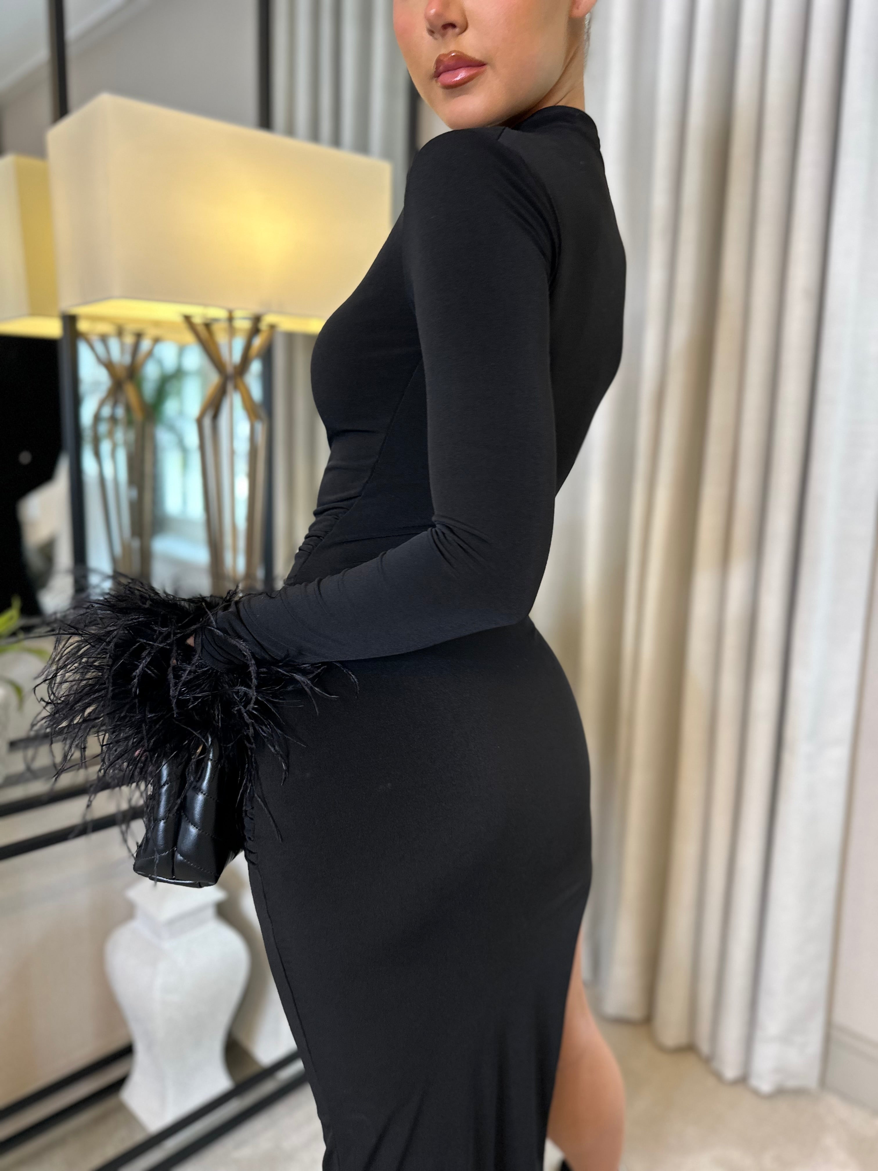 Kourtney Midi Ostrich Feather Dress Black