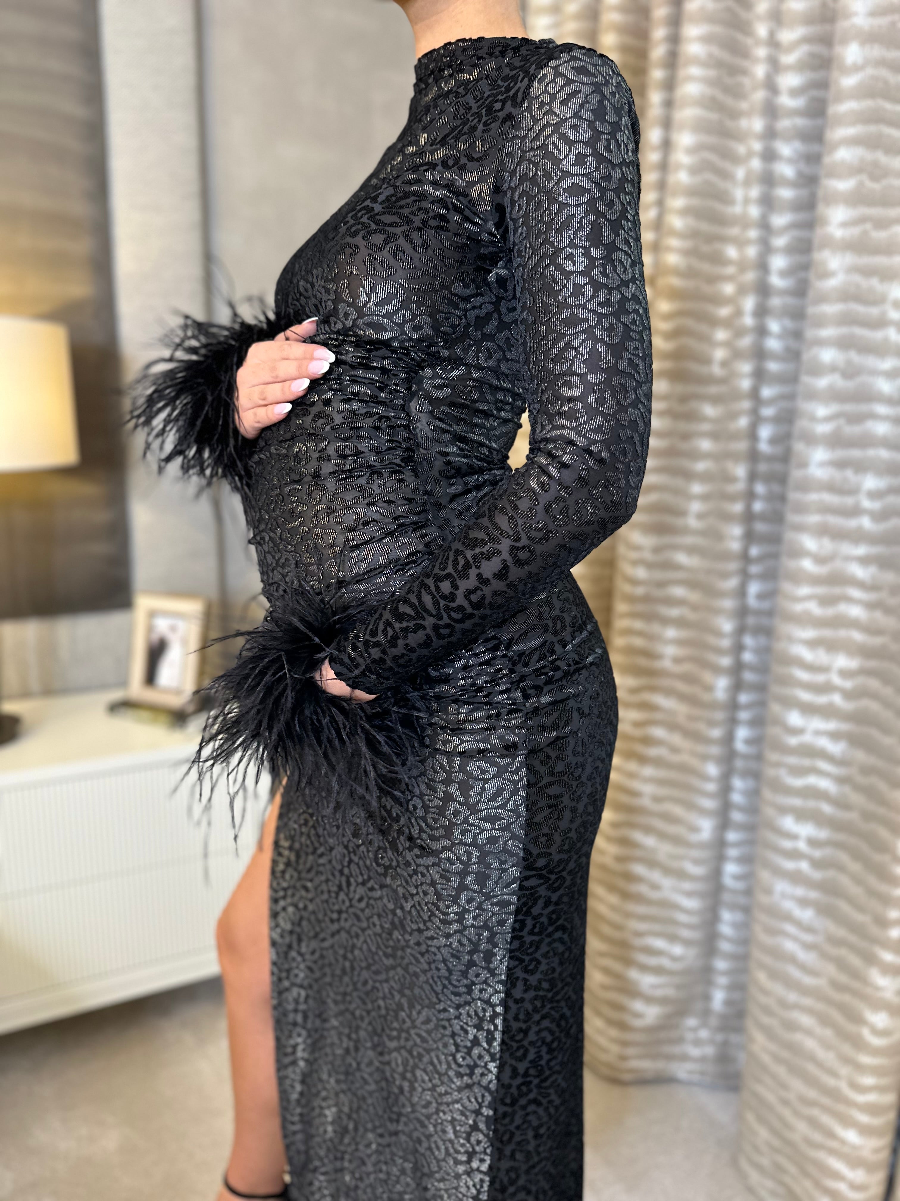 Kourtney Midi Ostrich Feather Maternity Dress Burnt Out Print Black