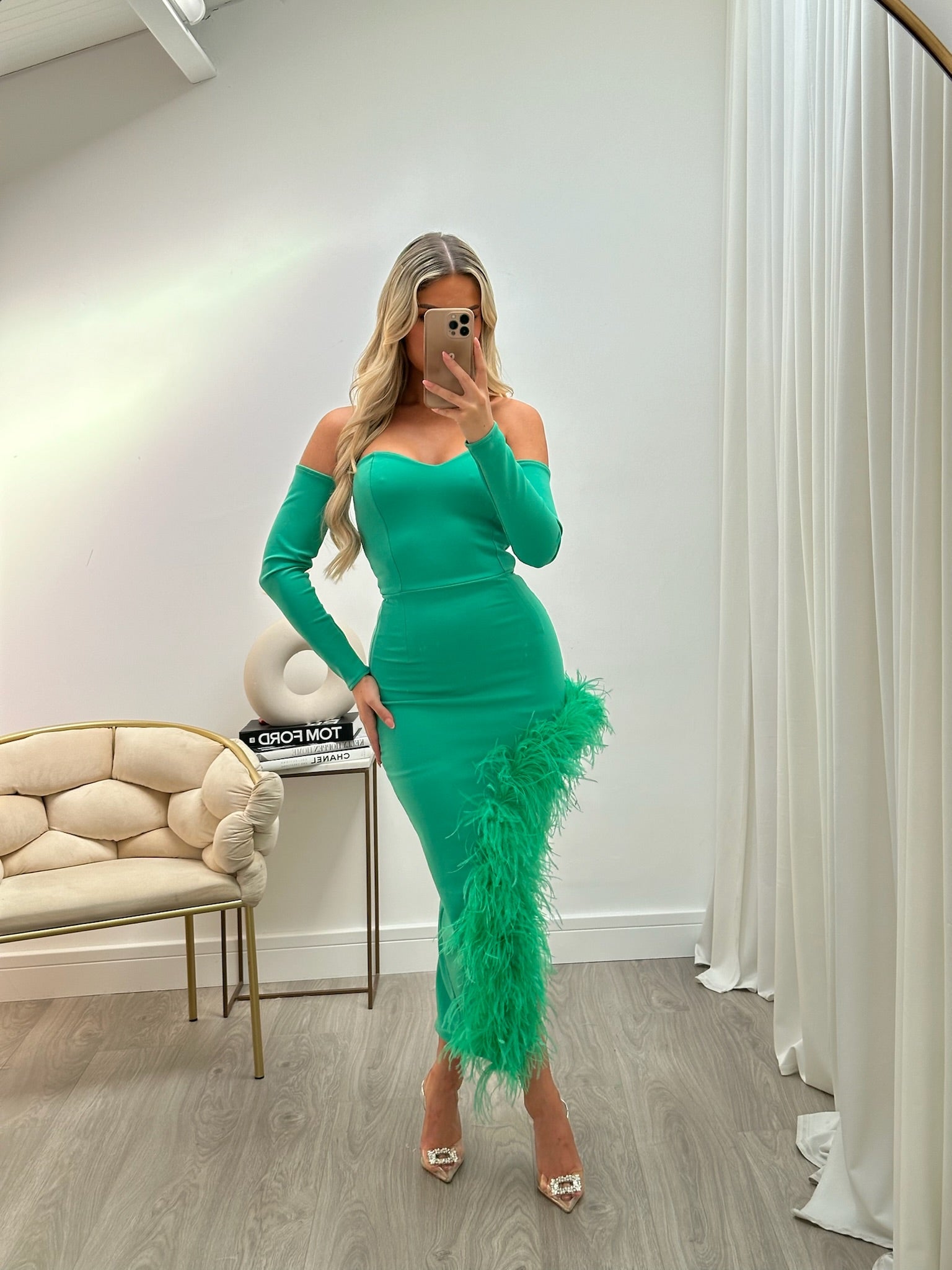 Amara Dress Emerald Green Ostrich Feather Dress Rag Doll