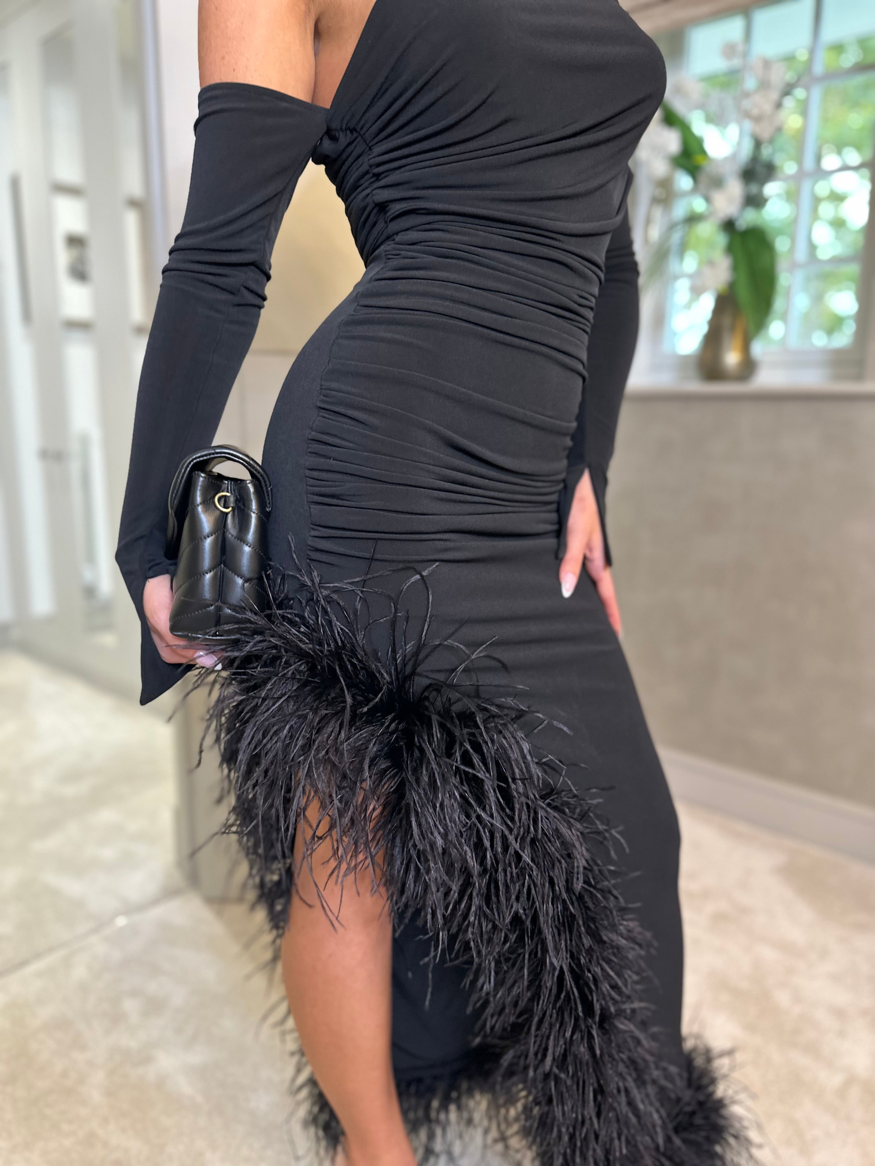 April Two Sleeve Midi Ostrich Feather Dress Black