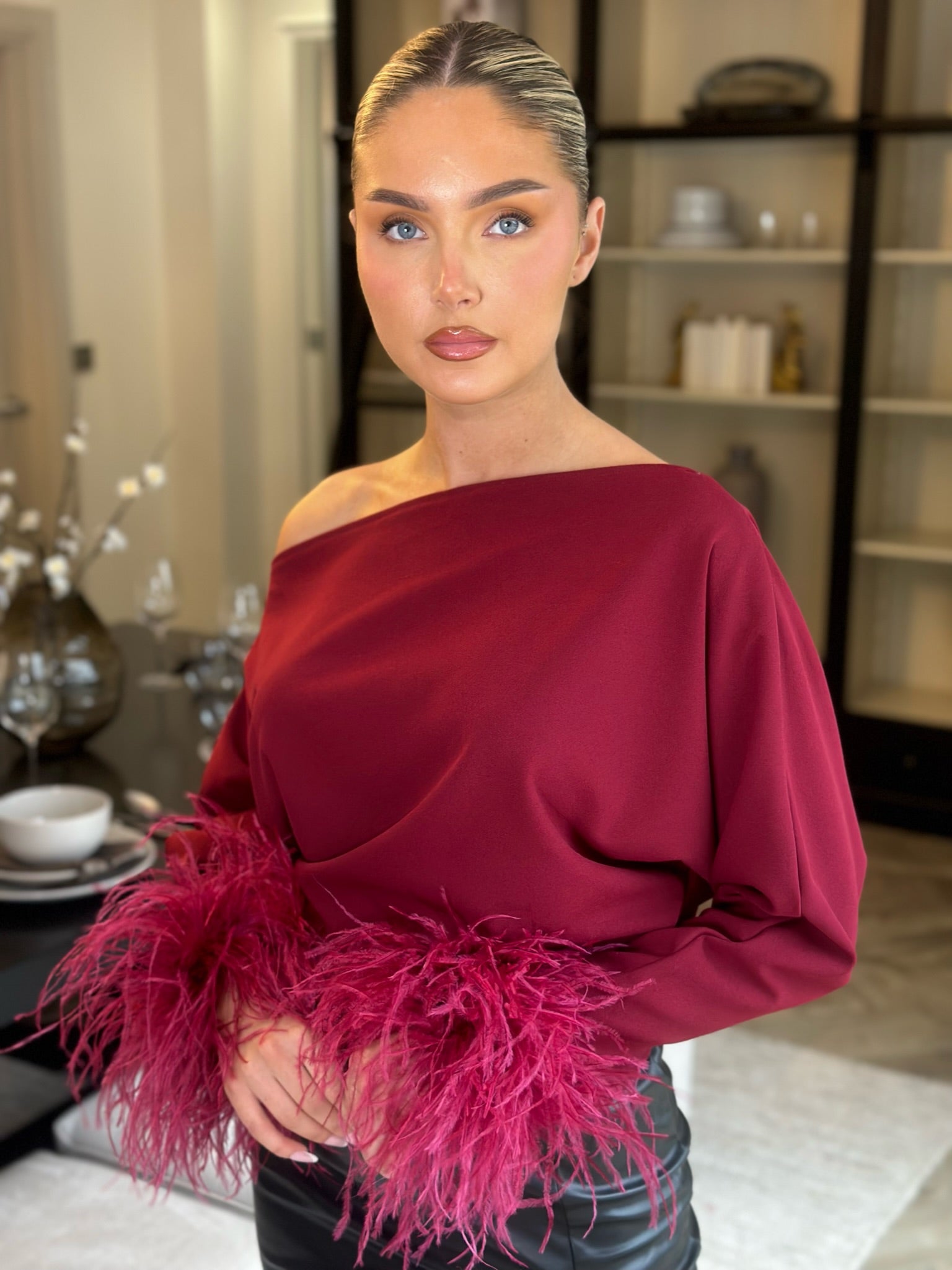 Arella ostrich feather Top Wine