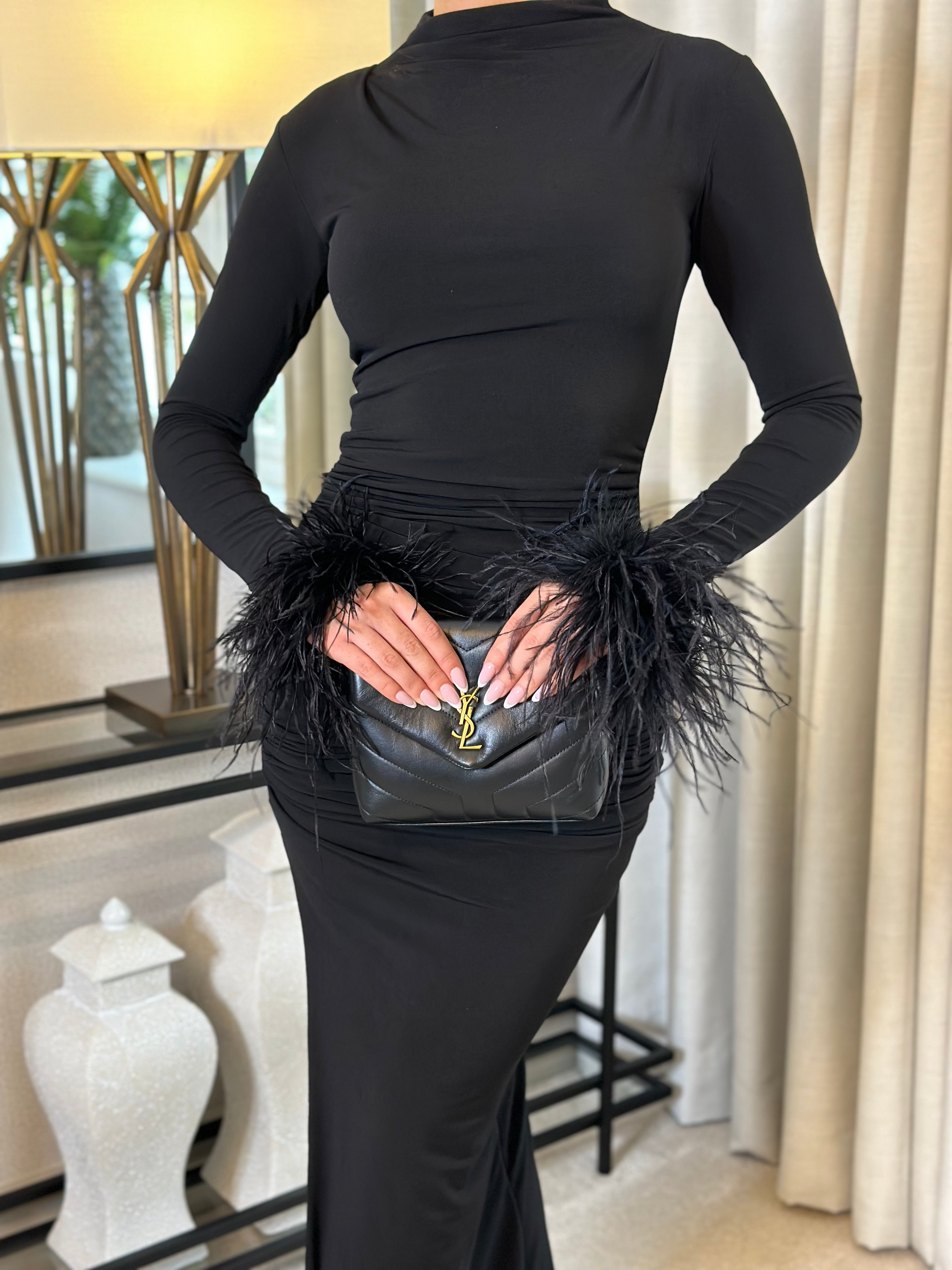 Kourtney Midi Ostrich Feather Dress Black