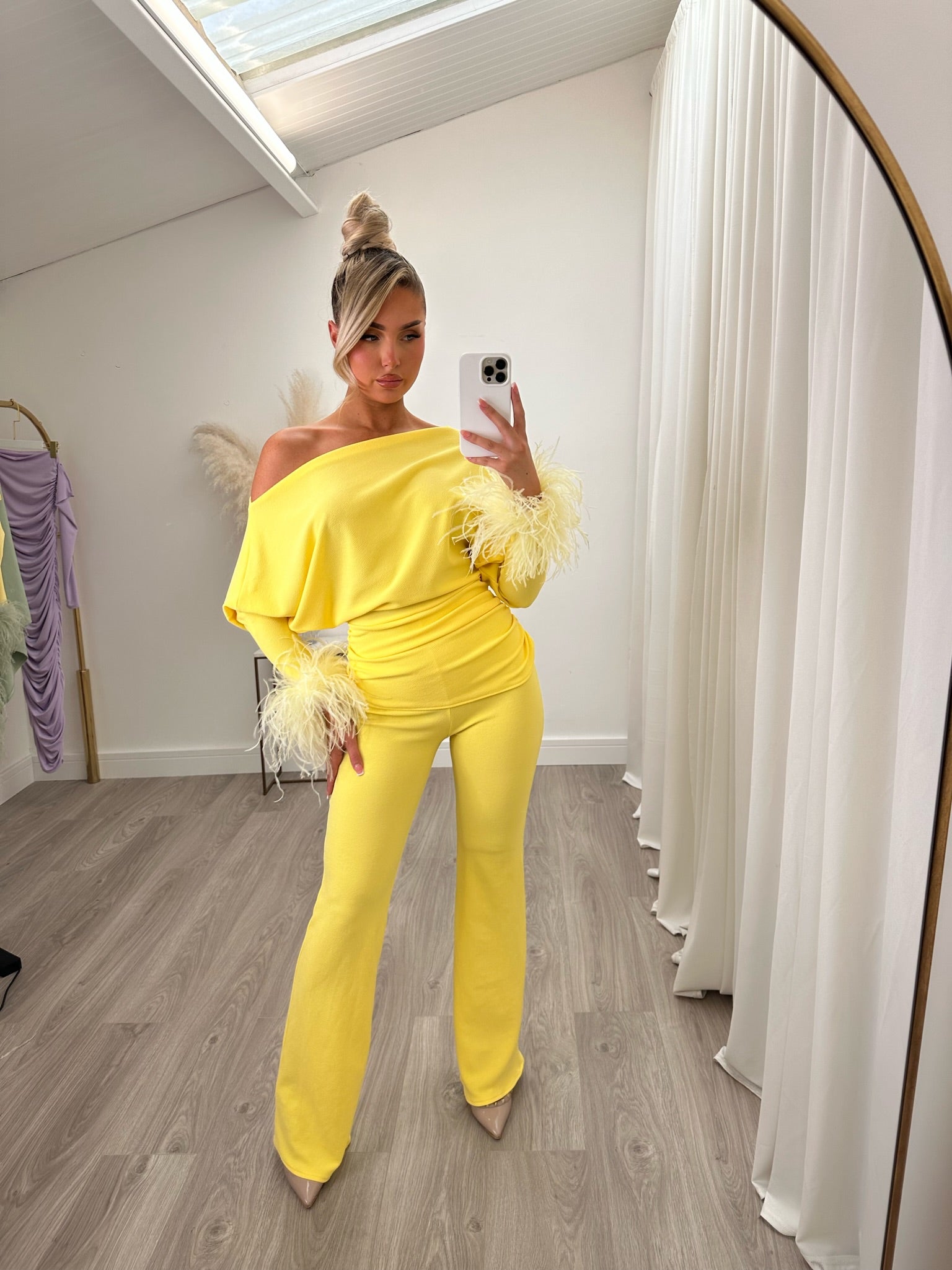 Arella Feather Jumpsuit Yellow