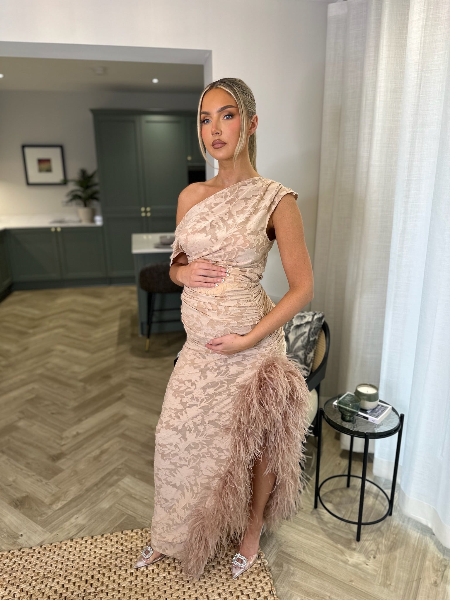 Sydney Maternity Ostrich Feather Sheer Dress Nude