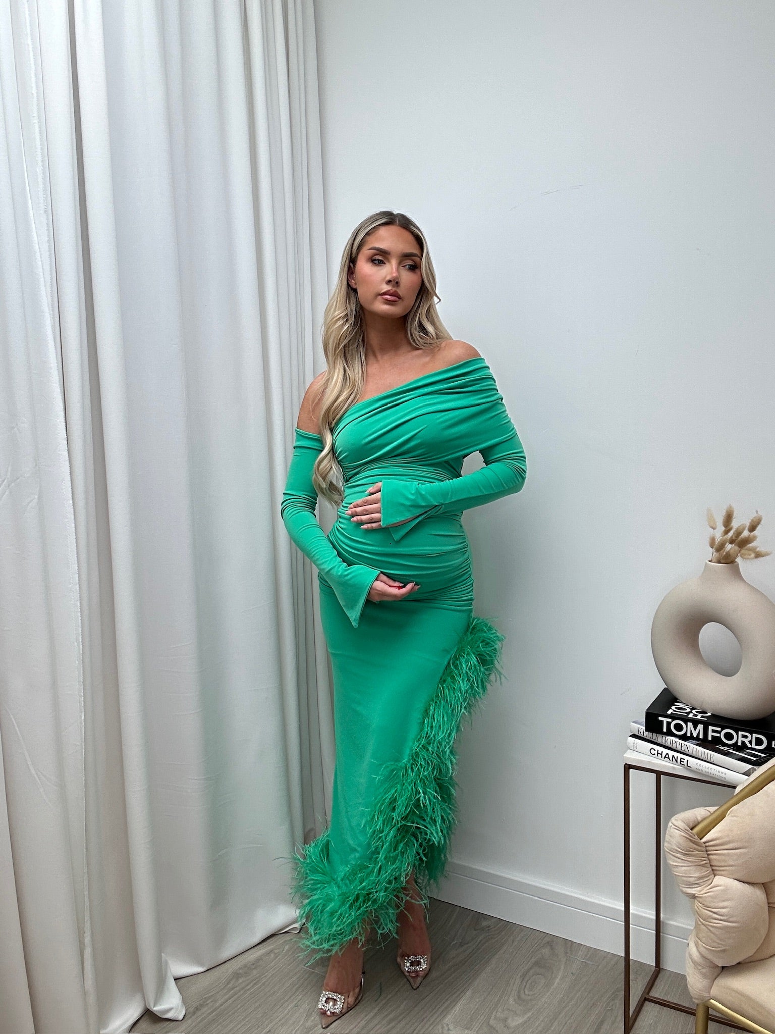 April Two Sleeve Maternity Ostrich Feather Dress Emerald green