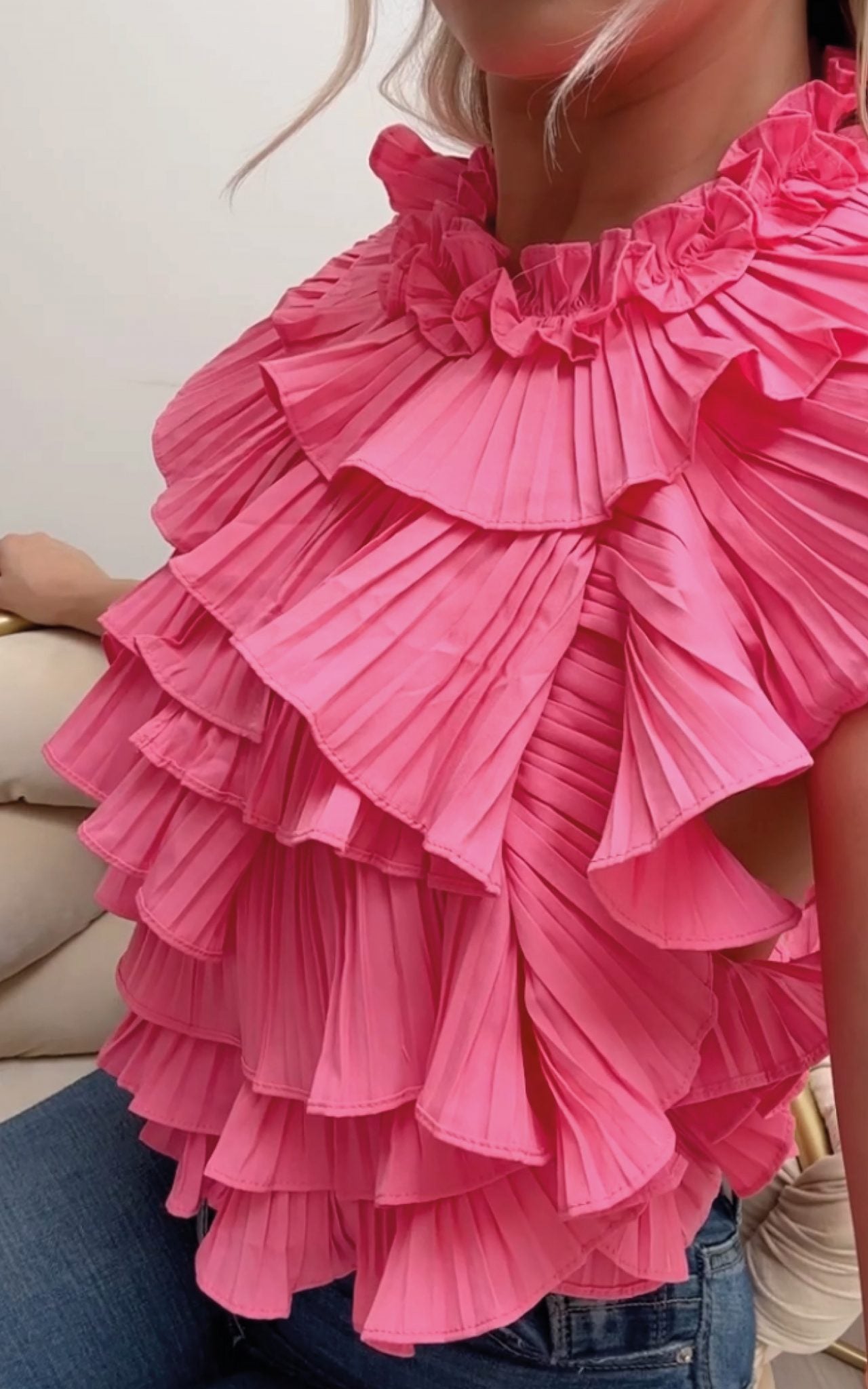 Hot pink ruffle shirt online